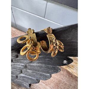 GIVENCHY Gold Tone Clip-On Hoop Earrings w/ Triple Ring Dangles Vintage